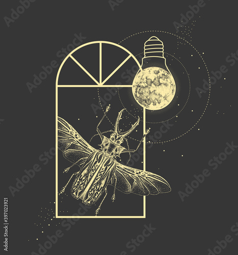 Magic witchcraft window silhouette with Sabertooth Longhorn beetle and full moon like light bulb. Vector illustration