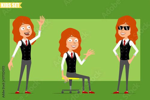 Cartoon flat funny little redhead girl character in business suit with red tie. Kid resting, posing and showing Hello or Welcome gesture. Ready for animation. Isolated on green background. Vector set.