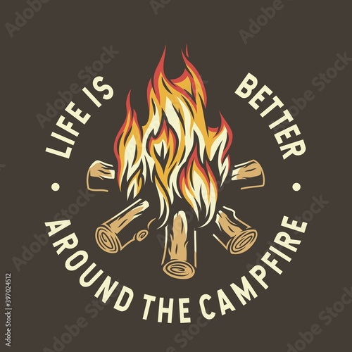 Camp burning campfire with flame for camping design or t-shirt print