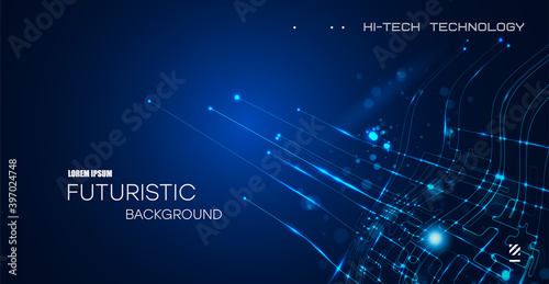 Abstract technological background. Futuristic illustration of high computer and communication technologies on a blue background. High tech digital technology, global social media concept.