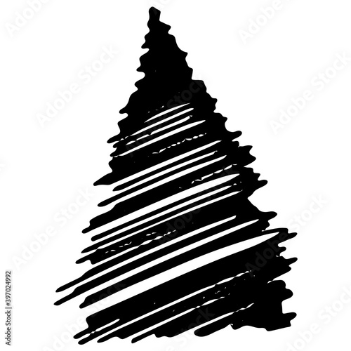 Vector illustration. Simple geometric Christmas tree isolated on white. Holiday New Year decoration design element. Hand drawn fir doodle clipart. For collage, card, poster, banner, gift wrapping.