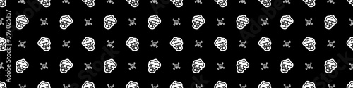 Punk rock monochrome mushroom vector seamless border. Simple alternative banner. Kids fungi emo rocker cute hand drawn cartoon grungy tattoo with attitude motif. 