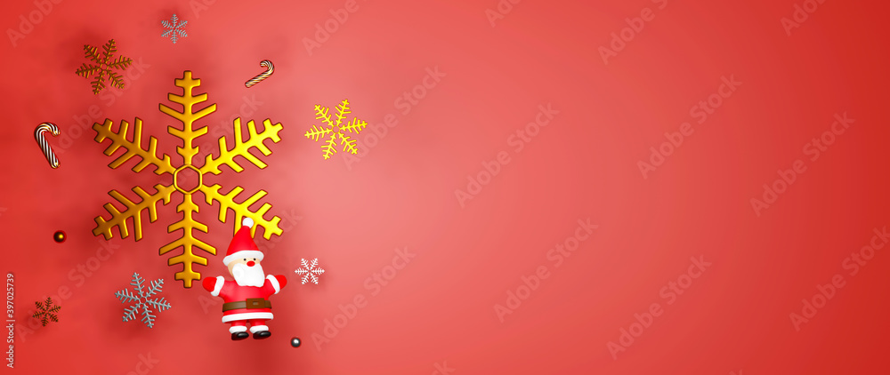 3D Rendering of Snow flakes and santa on red background. There is a place to put text or products. Christmas Concept. 3D Rendering of Snow flakes and santa on red background. There is a place to put text or products. Christmas Concept.