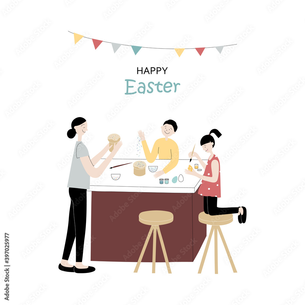 Happy Easter! Cute vector color flat illustration with family decorates eggs and cakes. Mom, daughter and son are preparing for the holiday. For greeting card, poster, banner.