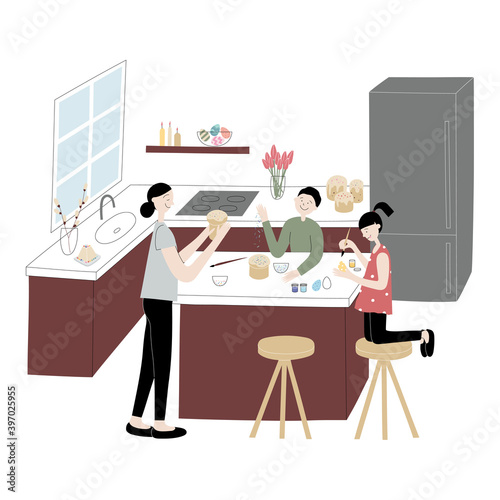 Happy Easter! Cute vector color flat illustration with family decorates eggs and cakes. Mom, daughter and son are preparing for the holiday in kitchen. For greeting card, poster, banner.