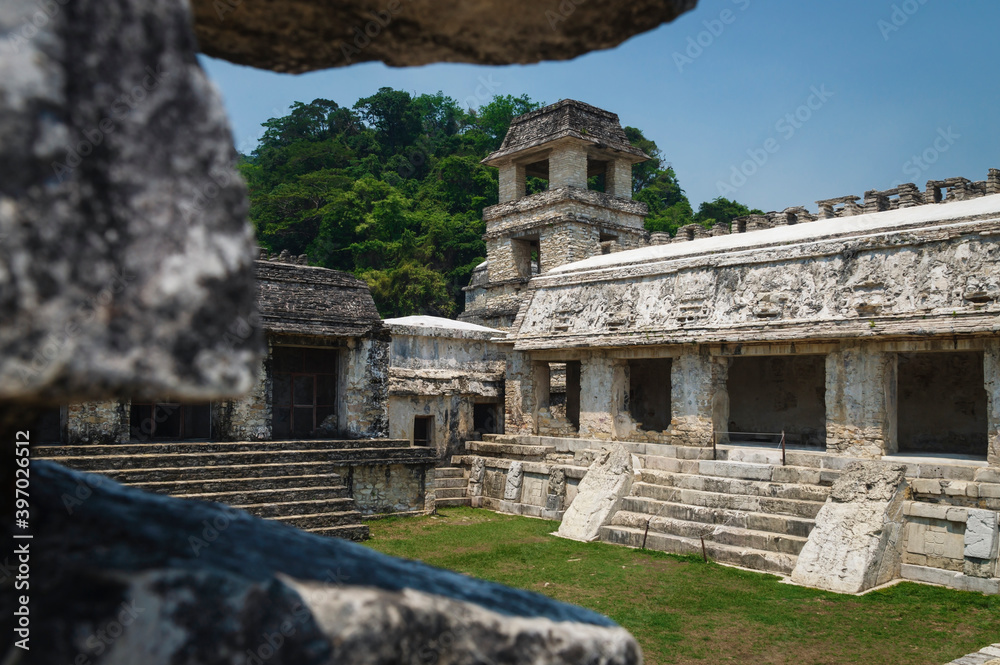Patio in the Maya temple palace with observation tower, Palanque, Chiapas, Mexico