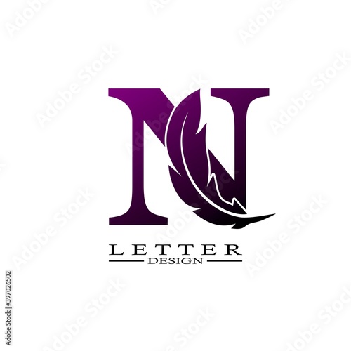 Initial Letter N Logo with feather. Trendy Design concept luxury feather element