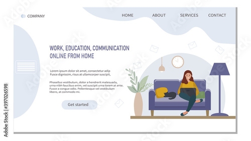 A woman with a laptop sits on the sofa. Work at home, on the Internet, online education. Student, freelancer or blogger. The concept of the Home Office and e-learning. for web design, mobile app