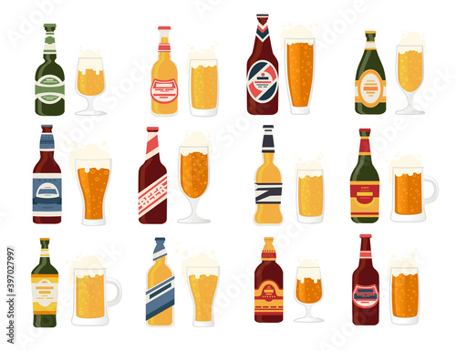 Beer bottles with label and glass beer mug bottles with different types of beer alcohol drink flat vector illustration isolated on white background