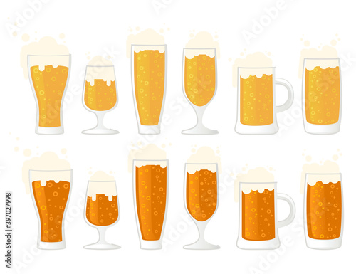 Set of beer in glass mug different types of mugs and beers flat vector illustration isolated on white background