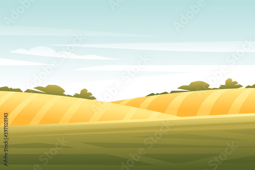 Rural morning landscape with hills and dales agricultural fields flat vector illustration