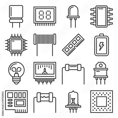 Electronic Components Icons Set on White Background. Vector
