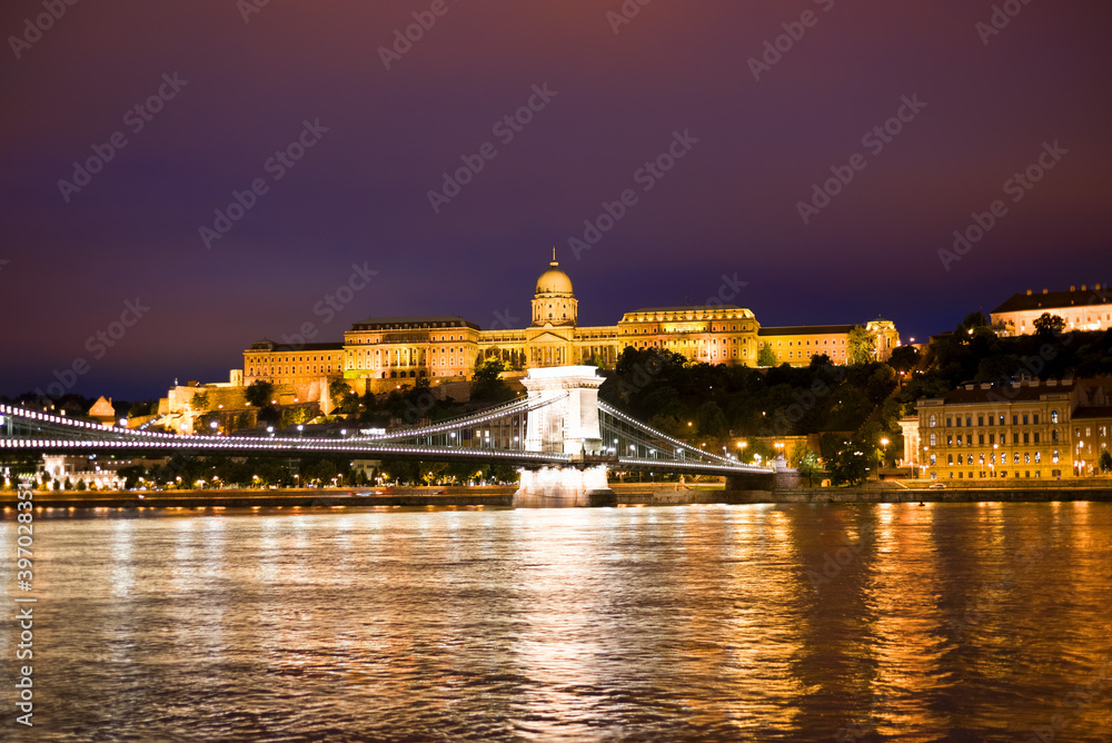 Chain bridge and Royal Castle in Budapest at night