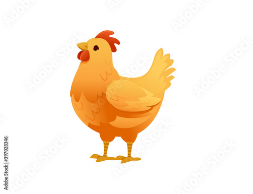 Cute yellow cock farm agriculture hen rooster cartoon animal design flat vector illustration
