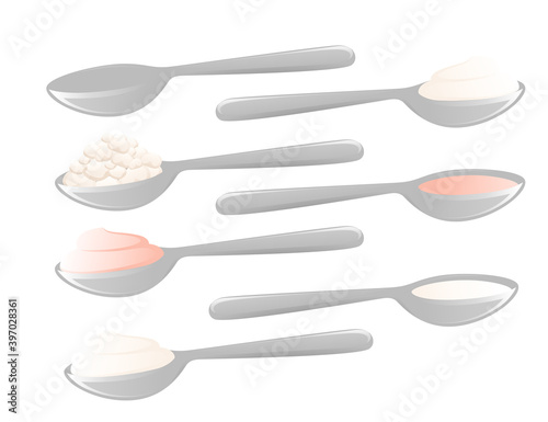 Dairy milk produce on tea spoon milk yogurt cheese cream flat vector illustration isolated on white background