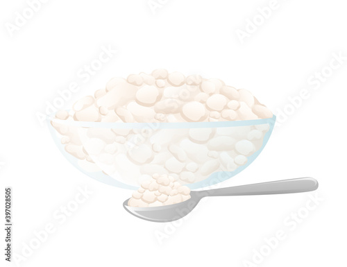 Cottage cheese in transparent glass bowl with tea spoon dairy product flat vector illustration on white background