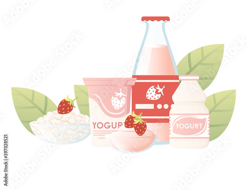Illustration with yogurt package creative design plastic and cardboard package with green leaves flat vector illustration