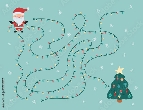Christmas maze game for preschool children. Help the Santa Claus find right way to the Christmas tree. Cute cartoon character. Winter printable worksheet.