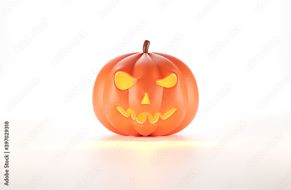 3d Realistic scary pumpkin front side with yellow light glowing Isolated is on white background with clipping path for decoration. Halloween design.