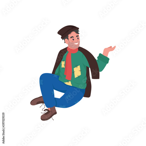 Happy homeless man flat color vector detailed character. Jobless beggar. Unemployed ragged guy. Begging person. Poverty isolated cartoon illustration for web graphic design and animation