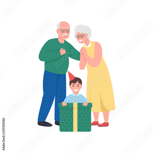 Gift giving grandparents with grandson flat color vector detailed character. Receiving present on Christmas holiday isolated cartoon illustration for web graphic design and animation