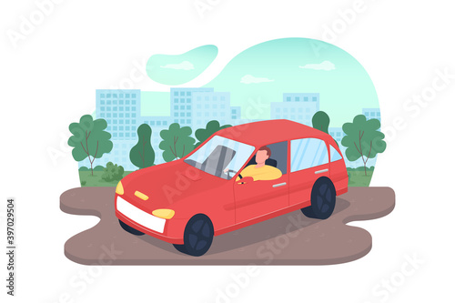Driving car 2D vector web banner, poster. Automobile on city road. Male driver flat character on cartoon background. Man in personal transport printable patch, colorful web element