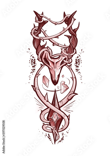 Animal skull with horns, thorny liana and crystals