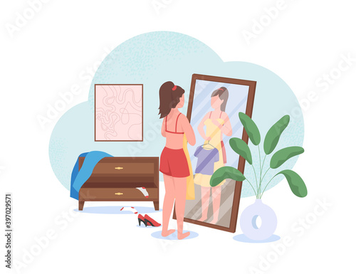 Woman choosing clothes flat color vector faceless character. Girl look in mirror. Apparel mess in wardrobe. Planning outfit at home isolated cartoon illustration for web graphic design and animation