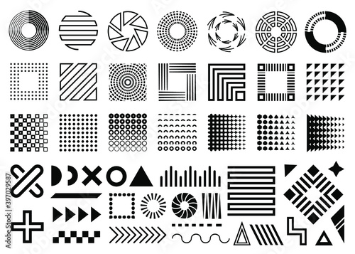 Vector memphis, set of abstract geometric shapes, ornamental shapes, waves, seamless patterns, geometric shapes, design elements, in black color isolated on white background.