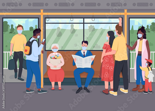 Passengers in masks in public transport flat color vector illustration. Healthcare during lockdown. Crowd during pandemic 2D cartoon characters with transport interior on background