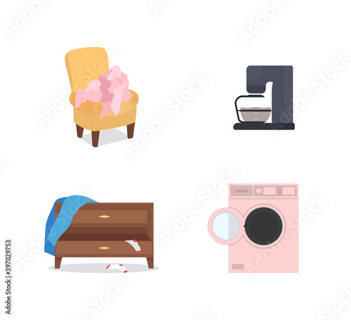 Household appliance and furniture flat color vector object. Clothes on armchair. Coffee machine. Housework, housekeeping isolated cartoon illustration for web graphic design and animation