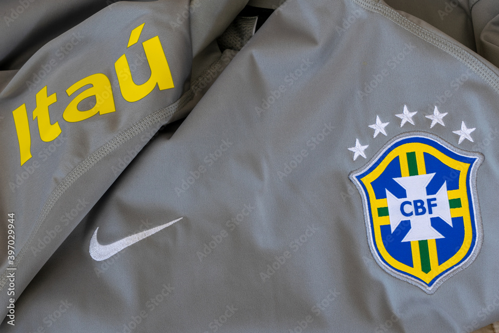 symbol of the CBF (Brazilian Football Confederation) embroidered and logo  of sponsors Nike and Itaú. Stock Photo | Adobe Stock