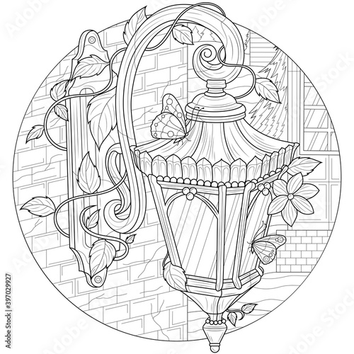 Street lamp at home.Coloring book antistress for children and adults. Zen-tangle style.Black and white drawing