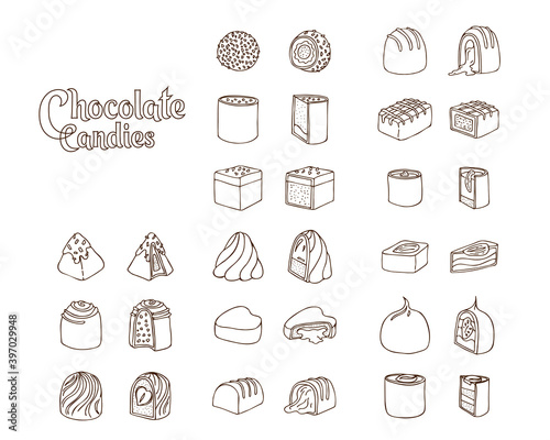 Set of vector Doodle linart illustrations of chocolate candies isolated on white background