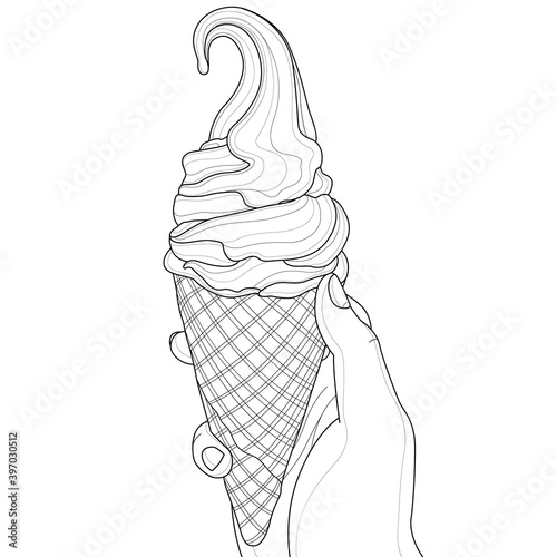 Ice cream in a man's hand.Coloring book antistress for children and adults. Zen-tangle style.Black and white drawing