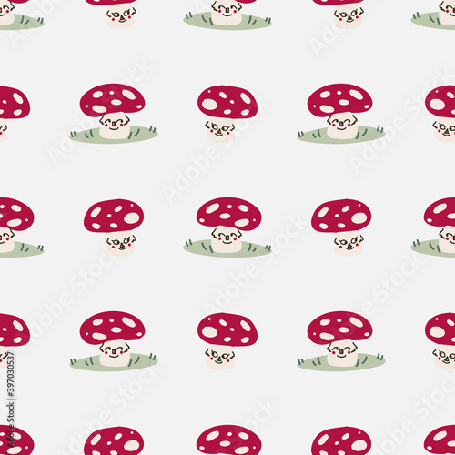 Cute gender neutral toadstool with kawaii face vector pattern. Fungi fly agaric home decor cartoon mushroom. Seamless boho poisonous mycology all over print. 