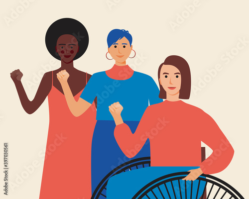Disabled feminist in a wheelchair, women isolated, flat vector stock illustration as a concept of equality, feminism with multicultural women