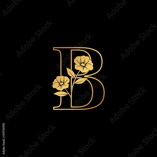 Golden Nature Flower Initial Letter B logo icon, vintage luxury vector design concept outline alphabet letter with floral flowers gold color.