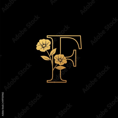 Golden Nature Flower Initial Letter F logo icon, vintage luxury vector design concept outline alphabet letter with floral flowers gold color.