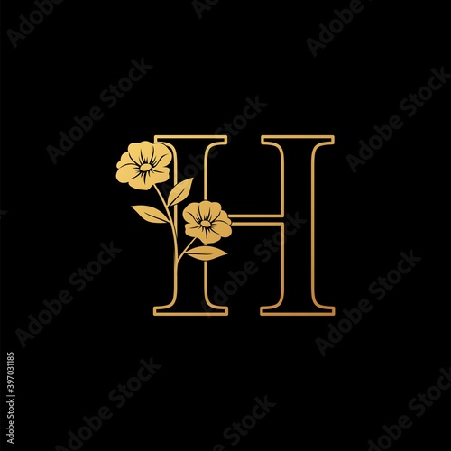 Golden Nature Flower Initial Letter H logo icon, vintage luxury vector design concept outline alphabet letter with floral flowers gold color.