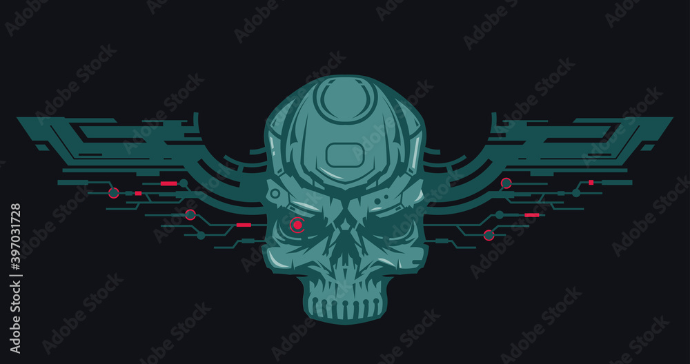 Skull head of robot with wings. Creative character design isolated on