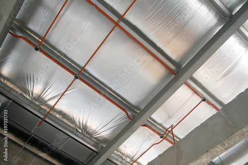 KLANG  MALAYSIA -MARCH 6  2020  Electrical services  conduit and wiring above the ceiling. Install by electrician at the roofing trusses.