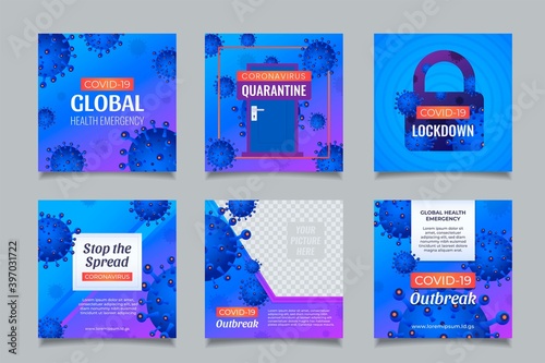 Coronavirus social media post templates with blue background and quarantine lockdown concept.