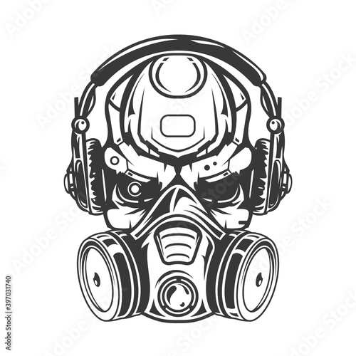Skull head of robot with headphones and gas mask. Creative character design isolated on white background in hand drawn cartoon style. Technology concept for print, cover, tattoo. Vector illustration.
