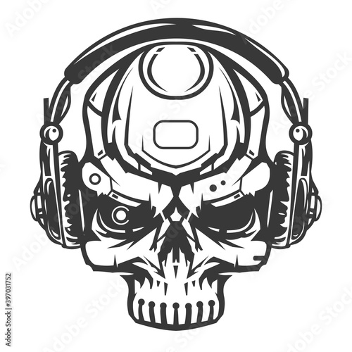 Skull head of robot with headphones. Creative character design isolated on white background in hand drawn cartoon style. Futuristic technology concept for print, cover, tattoo. Vector illustration.