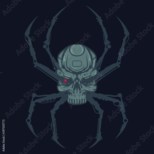 Robot spider with human skull head. Creative character design isolated on black background in hand drawn cartoon style. Futuristic technology concept for print, cover, tattoo. Vector illustration.