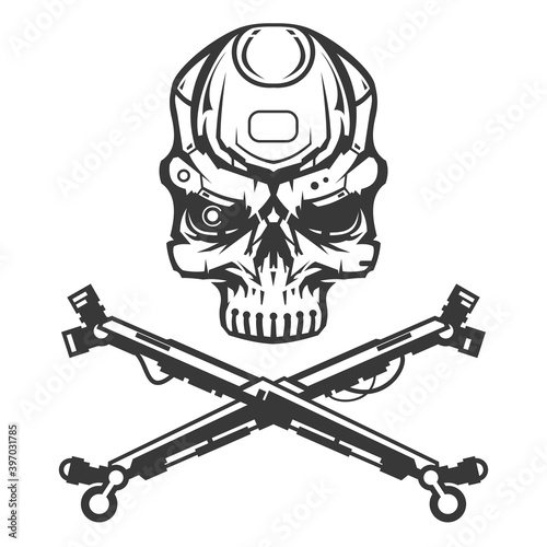 Skull head of robot and cross bones. Creative character design isolated on white background in hand drawn cartoon style. Futuristic technology concept for print, cover, tattoo. Vector illustration.