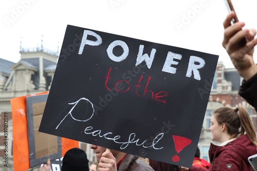 Protest Sign Carried During a Demonstration in Amsterdam, Netherlands photo