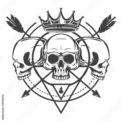 Mystic symbol composition with sacred geometry forms and human skull. Vintage art design concept isolated on white background. Modern vector illustration for print, tattoo.