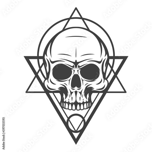 Mystic symbol composition with sacred geometry forms and human skull. Vintage art design concept isolated on white background. Modern vector illustration for print, tattoo.